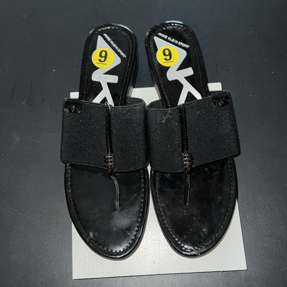 Sandal Slide Black patent leather fabric 2 3/4” stretch band low 1”  wedge heel